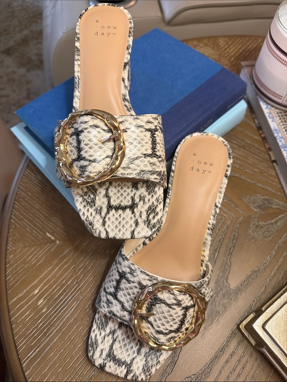 a new day Neutral Snake-Print Slide Mules with Gold Buckle